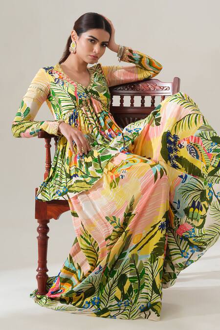 Buy House Of Akshata Yellow Crepe, Net Embroidery V-neck Tropical Breeze Peplum Kurta Set Buy_House Of Akshata_Yellow Crepe, Net Embroidery V-neck Tropical Breeze Peplum Kurta Set