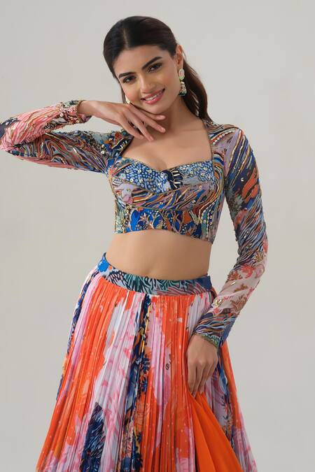 House Of Akshata Orange Georgette Embroidery Sweetheart Neck Sunset Bloom Printed Lehenga Set Online at Aza Fashions House Of Akshata_Orange Georgette Embroidery Sweetheart Neck Sunset Bloom Printed Lehenga Set _Online_at_Aza_Fashions