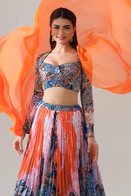 Shop House Of Akshata Orange Georgette Embroidery Sweetheart Neck Sunset Bloom Printed Lehenga Set Online at Aza Fashions Shop_House Of Akshata_Orange Georgette Embroidery Sweetheart Neck Sunset Bloom Printed Lehenga Set _Online_at_Aza_Fashions