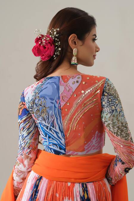 House Of Akshata Orange Georgette Embroidery Sweetheart Neck Sunset Bloom Printed Lehenga Set at Aza Fashions House Of Akshata_Orange Georgette Embroidery Sweetheart Neck Sunset Bloom Printed Lehenga Set _at_Aza_Fashions