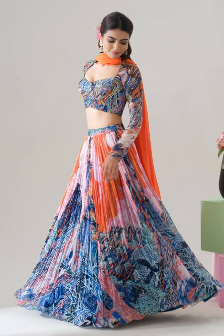 Buy House Of Akshata Orange Georgette Embroidery Sweetheart Neck Sunset Bloom Printed Lehenga Set Buy_House Of Akshata_Orange Georgette Embroidery Sweetheart Neck Sunset Bloom Printed Lehenga Set