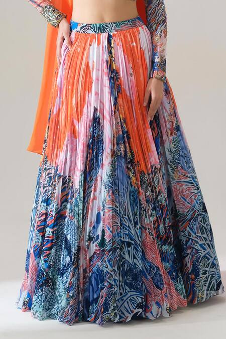 Shop House Of Akshata Orange Georgette Embroidery Sweetheart Neck Sunset Bloom Printed Lehenga Set Shop_House Of Akshata_Orange Georgette Embroidery Sweetheart Neck Sunset Bloom Printed Lehenga Set