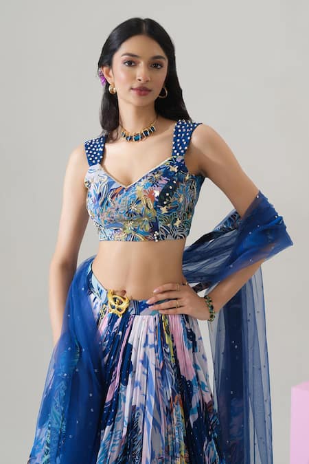 House Of Akshata_Blue Georgette, Net V-neck Midnight Tropics Printed Lehenga Set _Online_at_Aza_Fashions