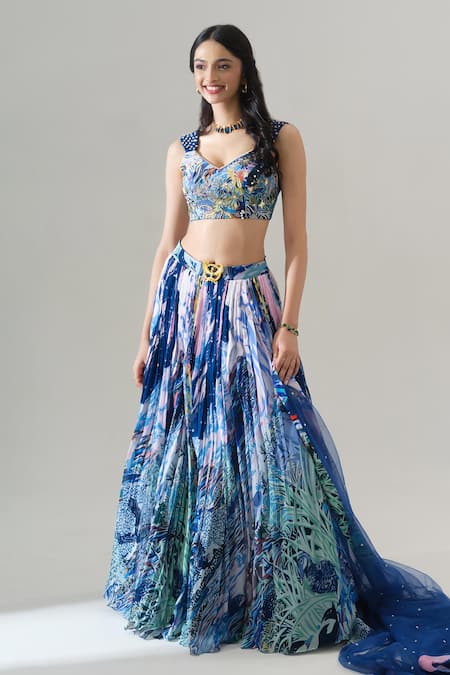 Buy_House Of Akshata_Blue Georgette, Net V-neck Midnight Tropics Printed Lehenga Set _Online_at_Aza_Fashions