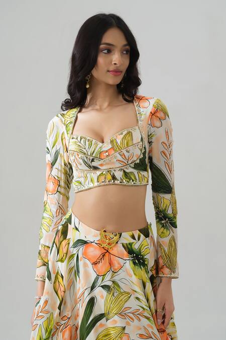 House Of Akshata_Multi Color Crepe Embroidery Sweetheart Neck Tropical Sheer Green Lehenga Set _Online_at_Aza_Fashions