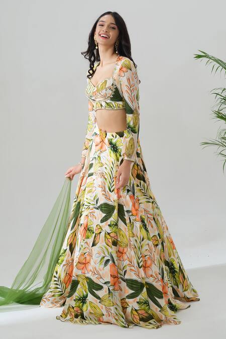 Buy_House Of Akshata_Multi Color Crepe Embroidery Sweetheart Neck Tropical Sheer Green Lehenga Set _Online_at_Aza_Fashions