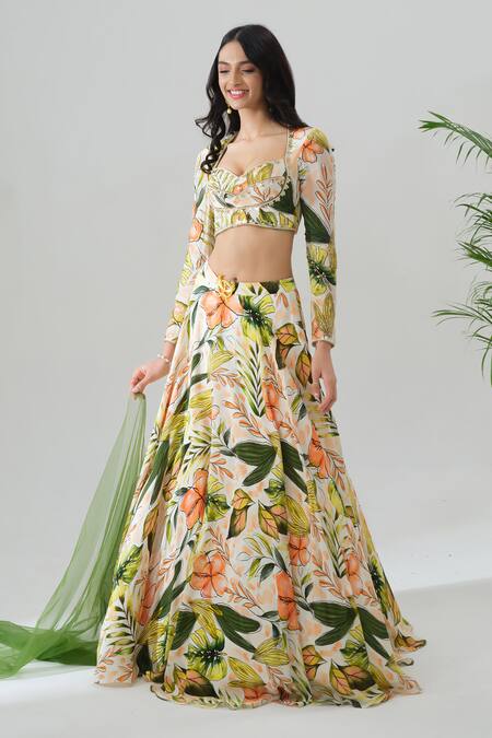 Shop_House Of Akshata_Multi Color Crepe Embroidery Sweetheart Neck Tropical Sheer Green Lehenga Set _Online_at_Aza_Fashions