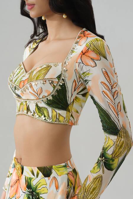 House Of Akshata_Multi Color Crepe Embroidery Sweetheart Neck Tropical Sheer Green Lehenga Set _at_Aza_Fashions