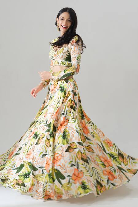 Buy_House Of Akshata_Multi Color Crepe Embroidery Sweetheart Neck Tropical Sheer Green Lehenga Set 