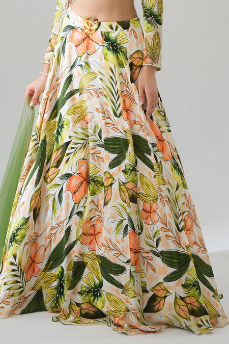 Shop_House Of Akshata_Multi Color Crepe Embroidery Sweetheart Neck Tropical Sheer Green Lehenga Set 