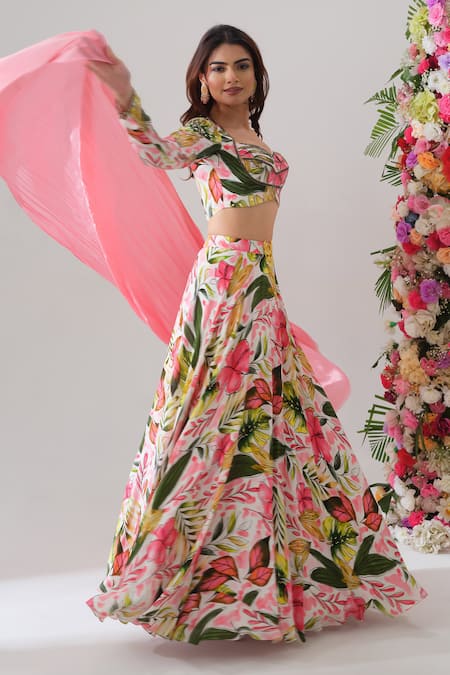 House Of Akshata Pink Crepe Embroidery Sweetheart Neck Tropical Bliss Printed Lehenga Set Online at Aza Fashions House Of Akshata_Pink Crepe Embroidery Sweetheart Neck Tropical Bliss Printed Lehenga Set _Online_at_Aza_Fashions