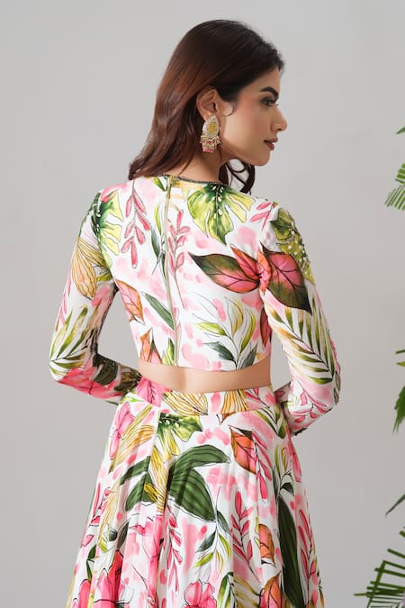 Buy House Of Akshata Pink Crepe Embroidery Sweetheart Neck Tropical Bliss Printed Lehenga Set Online at Aza Fashions Buy_House Of Akshata_Pink Crepe Embroidery Sweetheart Neck Tropical Bliss Printed Lehenga Set _Online_at_Aza_Fashions