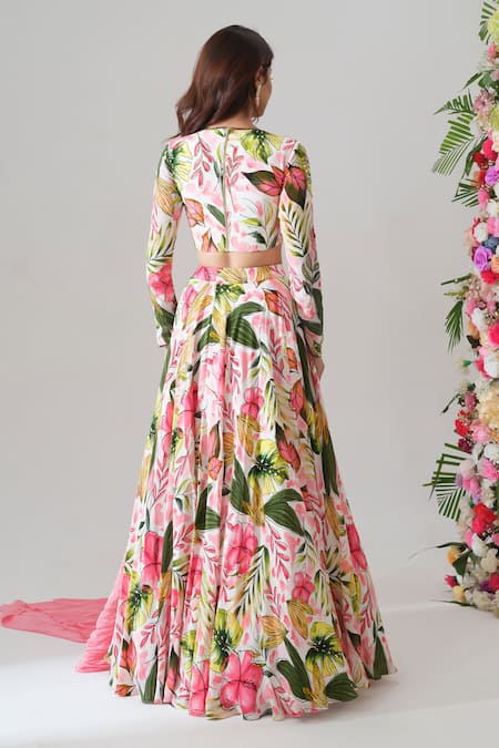 Shop House Of Akshata Pink Crepe Embroidery Sweetheart Neck Tropical Bliss Printed Lehenga Set at Aza Fashions Shop_House Of Akshata_Pink Crepe Embroidery Sweetheart Neck Tropical Bliss Printed Lehenga Set _at_Aza_Fashions