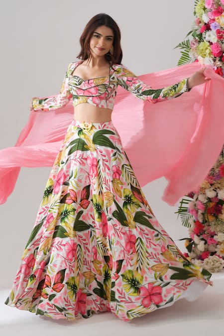 Shop House Of Akshata Pink Crepe Embroidery Sweetheart Neck Tropical Bliss Printed Lehenga Set Online at Aza Fashions Shop_House Of Akshata_Pink Crepe Embroidery Sweetheart Neck Tropical Bliss Printed Lehenga Set _Online_at_Aza_Fashions