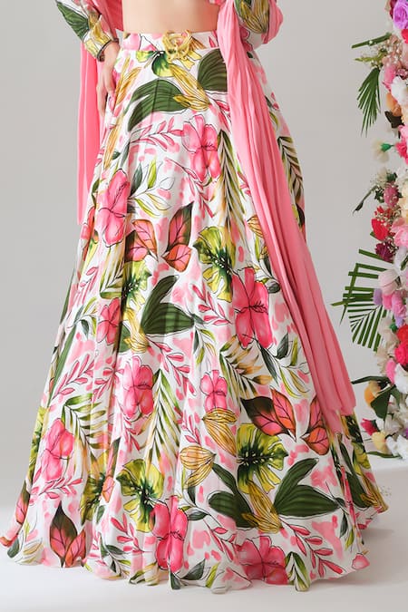 House Of Akshata Pink Crepe Embroidery Sweetheart Neck Tropical Bliss Printed Lehenga Set at Aza Fashions House Of Akshata_Pink Crepe Embroidery Sweetheart Neck Tropical Bliss Printed Lehenga Set _at_Aza_Fashions