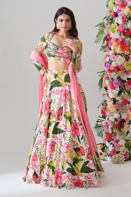 Buy House Of Akshata Pink Crepe Embroidery Sweetheart Neck Tropical Bliss Printed Lehenga Set Buy_House Of Akshata_Pink Crepe Embroidery Sweetheart Neck Tropical Bliss Printed Lehenga Set