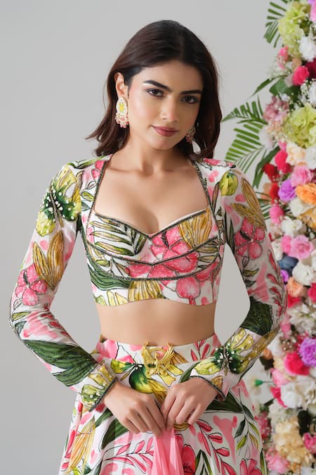 Shop House Of Akshata Pink Crepe Embroidery Sweetheart Neck Tropical Bliss Printed Lehenga Set Shop_House Of Akshata_Pink Crepe Embroidery Sweetheart Neck Tropical Bliss Printed Lehenga Set