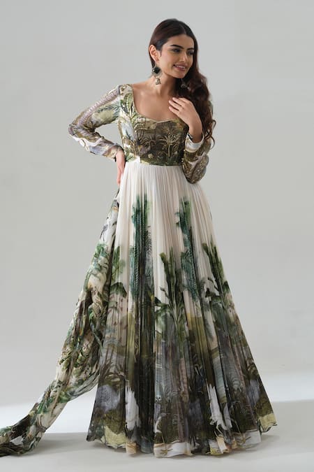 Shop House Of Akshata White Georgette, Organza Embroidery Enchanted Forest Printed Anarkali Set at Aza Fashions Shop_House Of Akshata_White Georgette, Organza Embroidery Enchanted Forest Printed Anarkali Set _at_Aza_Fashions