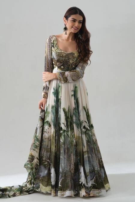 House Of Akshata White Georgette, Organza Embroidery Enchanted Forest Printed Anarkali Set Online at Aza Fashions House Of Akshata_White Georgette, Organza Embroidery Enchanted Forest Printed Anarkali Set _Online_at_Aza_Fashions