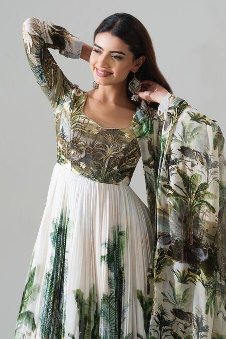 Buy House Of Akshata White Georgette, Organza Embroidery Enchanted Forest Printed Anarkali Set Online at Aza Fashions Buy_House Of Akshata_White Georgette, Organza Embroidery Enchanted Forest Printed Anarkali Set _Online_at_Aza_Fashions