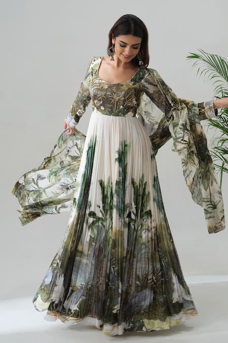 Shop House Of Akshata White Georgette, Organza Embroidery Enchanted Forest Printed Anarkali Set Online at Aza Fashions Shop_House Of Akshata_White Georgette, Organza Embroidery Enchanted Forest Printed Anarkali Set _Online_at_Aza_Fashions