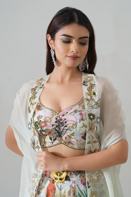 House Of Akshata_Multi Color Organza, Satin Embroidery Floral Print Lehenga Set _Online_at_Aza_Fashions