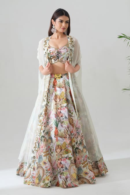 Buy_House Of Akshata_Multi Color Organza, Satin Embroidery Floral Print Lehenga Set _Online_at_Aza_Fashions