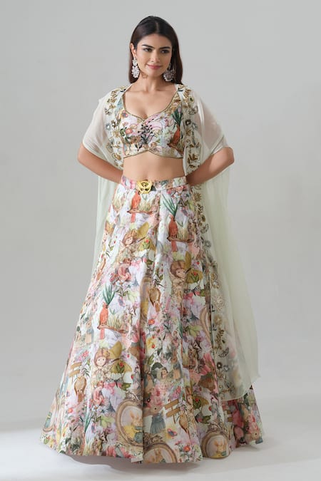 Shop_House Of Akshata_Multi Color Organza, Satin Embroidery Floral Print Lehenga Set _Online_at_Aza_Fashions