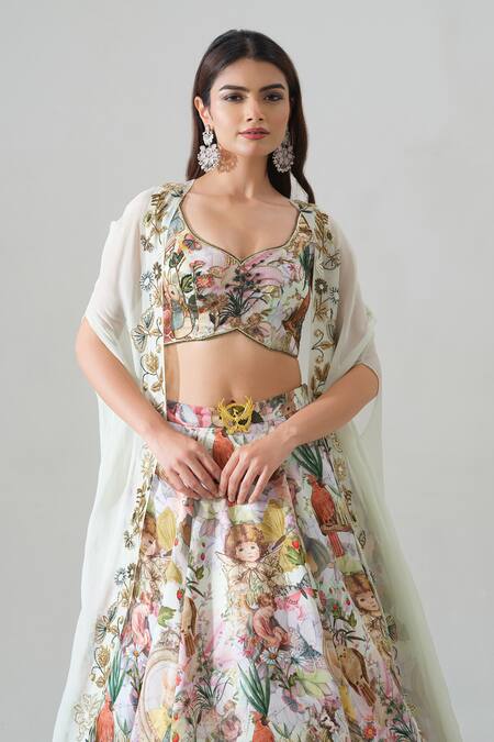 House Of Akshata_Multi Color Organza, Satin Embroidery Floral Print Lehenga Set _at_Aza_Fashions