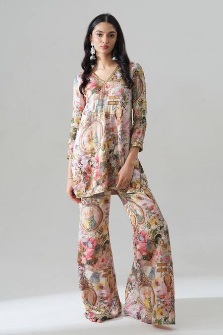 House Of Akshata_Multi Color Organza, Satin V-neck Printed Kurta And Sharara Set _Online_at_Aza_Fashions