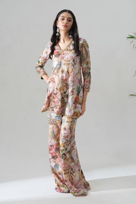 Buy_House Of Akshata_Multi Color Organza, Satin V-neck Printed Kurta And Sharara Set _Online_at_Aza_Fashions