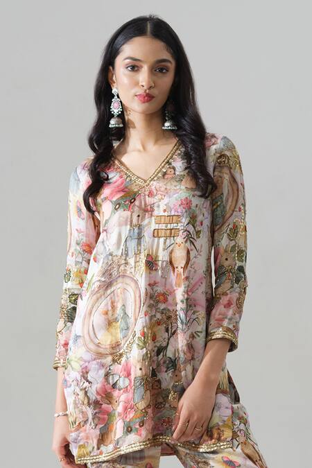 Shop_House Of Akshata_Multi Color Organza, Satin V-neck Printed Kurta And Sharara Set _Online_at_Aza_Fashions