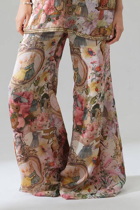 House Of Akshata_Multi Color Organza, Satin V-neck Printed Kurta And Sharara Set _at_Aza_Fashions