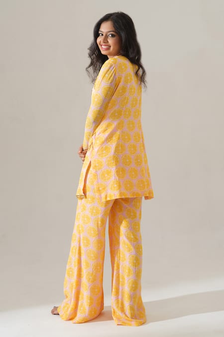 Shop House Of Akshata Yellow Georgette V-neck Citrus Bliss Printed Kurta And Sharara Set at Aza Fashions Shop_House Of Akshata_Yellow Georgette V-neck Citrus Bliss Printed Kurta And Sharara Set _at_Aza_Fashions