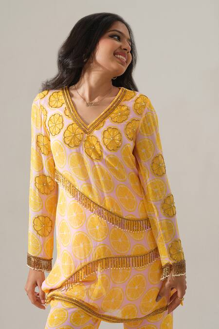 Shop House Of Akshata Yellow Georgette V-neck Citrus Bliss Printed Kurta And Sharara Set Online at Aza Fashions Shop_House Of Akshata_Yellow Georgette V-neck Citrus Bliss Printed Kurta And Sharara Set _Online_at_Aza_Fashions