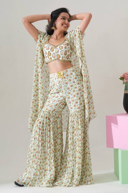 House Of Akshata_Multi Color Georgette Round Neck Printed Kurta Set With Cape _at_Aza_Fashions