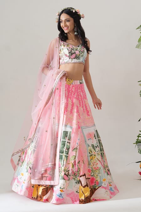 House Of Akshata_Pink Crepe, Net Embroidery, Sequins Sweetheart Neck Blush Garden Lehenga Set _Online_at_Aza_Fashions