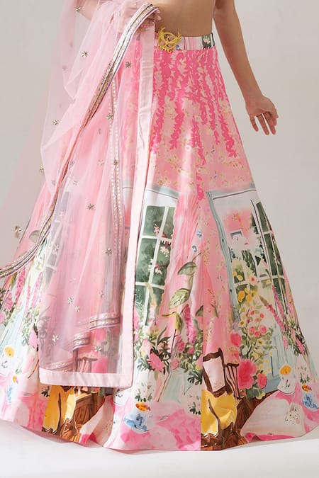 Buy_House Of Akshata_Pink Crepe, Net Embroidery, Sequins Sweetheart Neck Blush Garden Lehenga Set _Online_at_Aza_Fashions