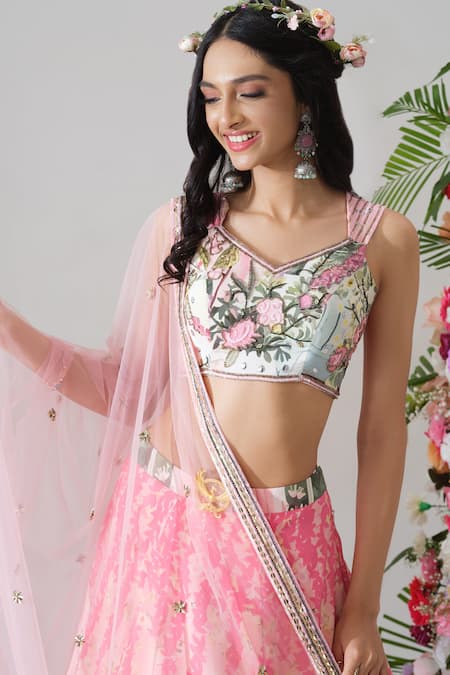 House Of Akshata_Pink Crepe, Net Embroidery, Sequins Sweetheart Neck Blush Garden Lehenga Set _at_Aza_Fashions