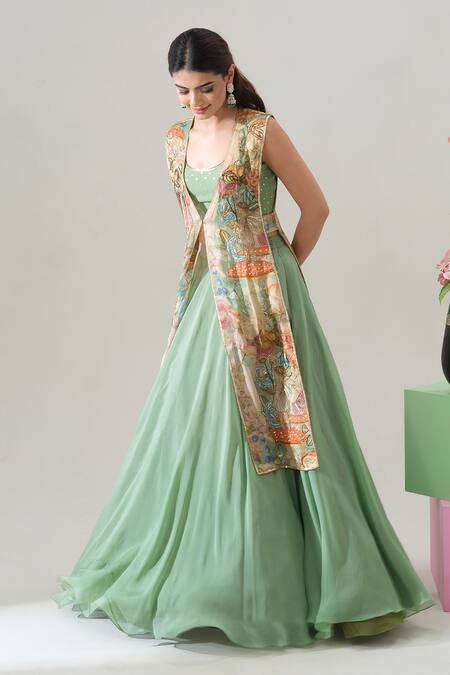 House Of Akshata Beige Organza, Satin V-, Round Sage Serenity Jacket And Lehenga Set Online at Aza Fashions House Of Akshata_Beige Organza, Satin V-, Round Sage Serenity Jacket And Lehenga Set _Online_at_Aza_Fashions