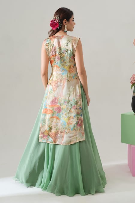 Shop House Of Akshata Beige Organza, Satin V-, Round Sage Serenity Jacket And Lehenga Set at Aza Fashions Shop_House Of Akshata_Beige Organza, Satin V-, Round Sage Serenity Jacket And Lehenga Set _at_Aza_Fashions