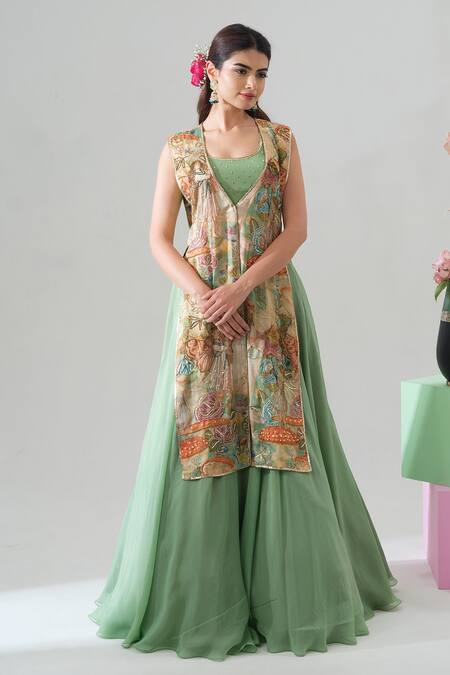 Buy House Of Akshata Beige Organza, Satin V-, Round Sage Serenity Jacket And Lehenga Set Online at Aza Fashions Buy_House Of Akshata_Beige Organza, Satin V-, Round Sage Serenity Jacket And Lehenga Set _Online_at_Aza_Fashions