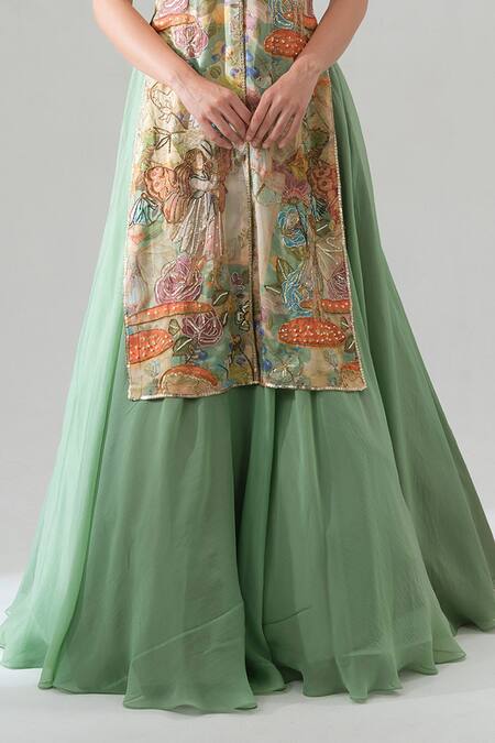 Shop House Of Akshata Beige Organza, Satin V-, Round Sage Serenity Jacket And Lehenga Set Online at Aza Fashions Shop_House Of Akshata_Beige Organza, Satin V-, Round Sage Serenity Jacket And Lehenga Set _Online_at_Aza_Fashions