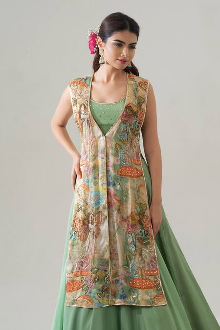 House Of Akshata Beige Organza, Satin V-, Round Sage Serenity Jacket And Lehenga Set at Aza Fashions House Of Akshata_Beige Organza, Satin V-, Round Sage Serenity Jacket And Lehenga Set _at_Aza_Fashions