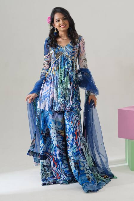 Buy_House Of Akshata_Blue Georgette, Net Sequins V-neck Midnight Bloom Peplum Kurta Set _Online_at_Aza_Fashions