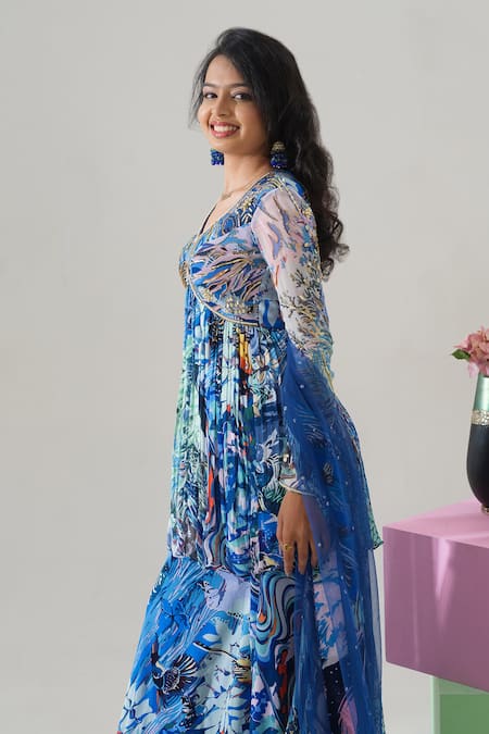 Shop_House Of Akshata_Blue Georgette, Net Sequins V-neck Midnight Bloom Peplum Kurta Set _Online_at_Aza_Fashions