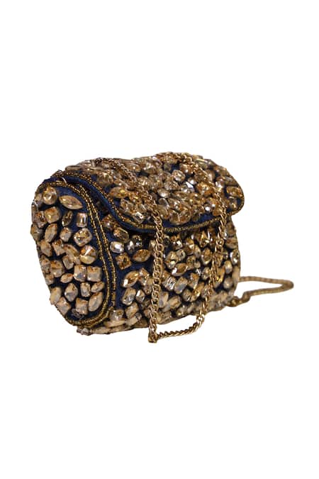 Shop_Ginn And Tonik_Blue Stones, Sequins Embellished Handbag_Online_at_Aza_Fashions