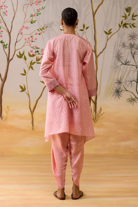 Shop_Shikha Mehta_Pink Silk, Satin Embroidery Split V-neck Kurta Set _at_Aza_Fashions