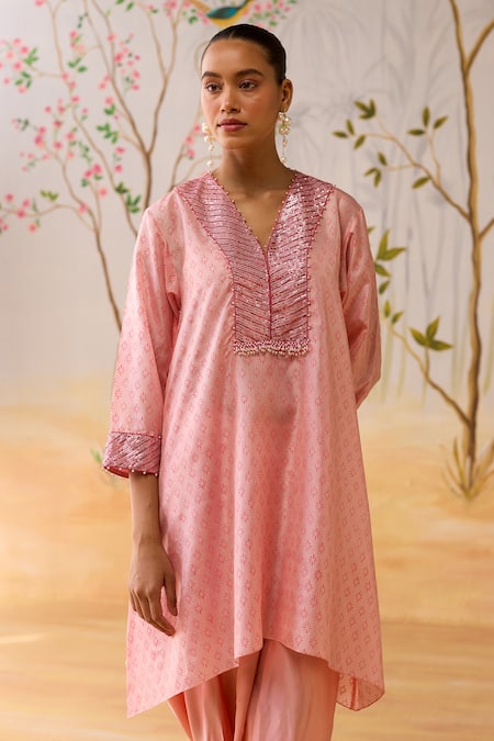 Buy_Shikha Mehta_Pink Silk, Satin Embroidery Split V-neck Kurta Set _Online_at_Aza_Fashions