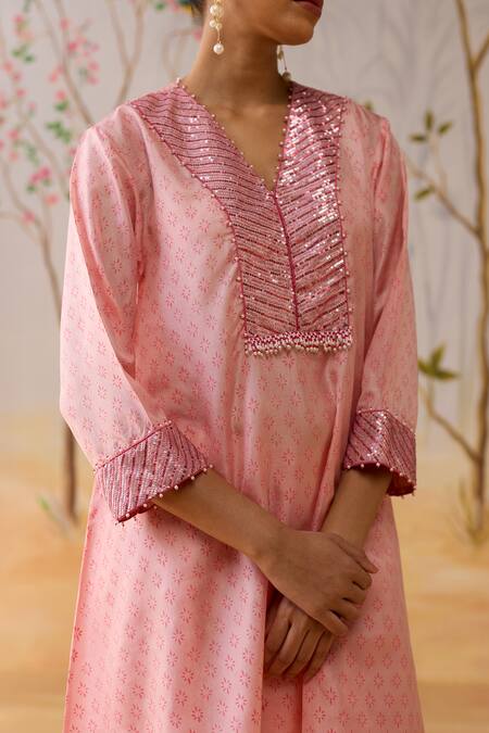Shop_Shikha Mehta_Pink Silk, Satin Embroidery Split V-neck Kurta Set _Online_at_Aza_Fashions